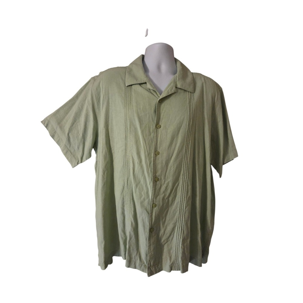 Light Green Linen Blend Men's SS Button-Up Pintuck Casual Resort Beach Top XXL